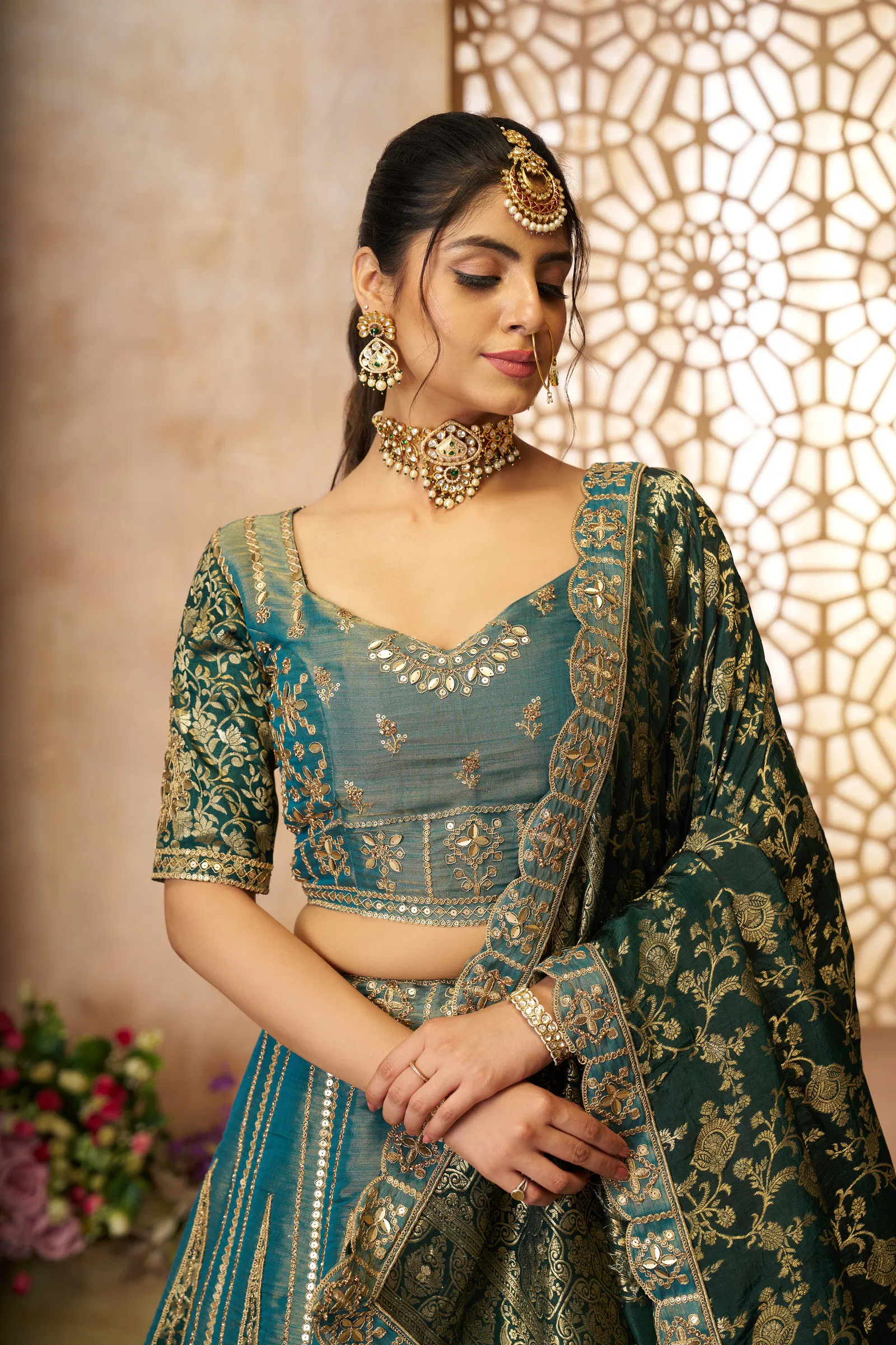 Kf 61 Green Net And Tissue Bridal Lehenga Wholesale Price In Surat

